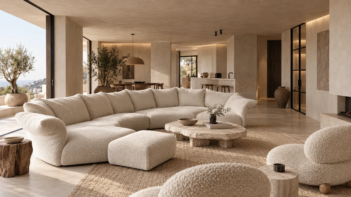 Skulpturales Sofa in Creme in einem warmen, mediterranen Interieur