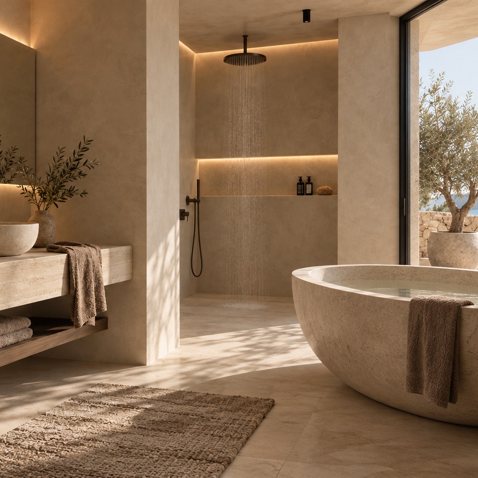 Bad in warmem Naturstein mit skulpturaler Wanne und sanftem mediterranem Tageslicht