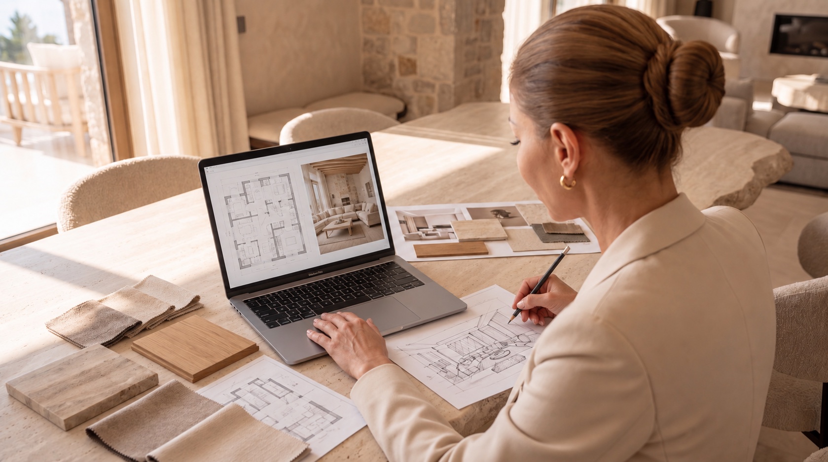 Sabina working on an interior design with a MacBook Pro, architectural sketches and material samples